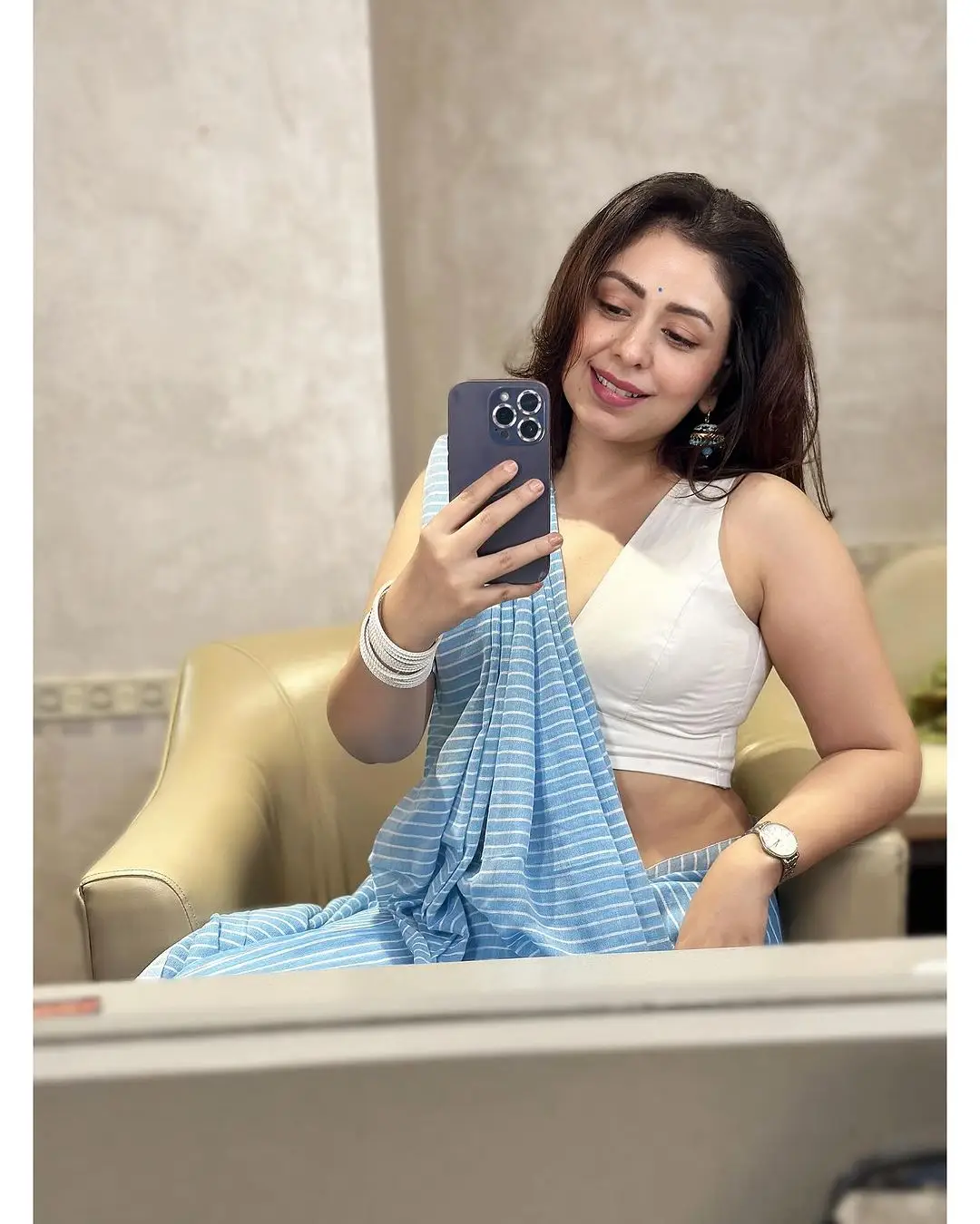 Hindi TV Actress Neha Sargam Stills In Blue Saree White Blouse